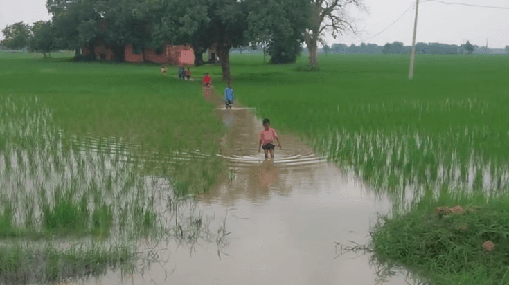 पानी में डूबा विद्यालय : बच्चों और शिक्षकों के आने-जाने का रास्ता नहीं, बच्चे और शिक्षक पानी में जाते हैं विद्यालय